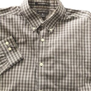 Eddie Bauer Plaid Shirt Size L Gray Wrinkle Free Relaxed Fit Button Down Career